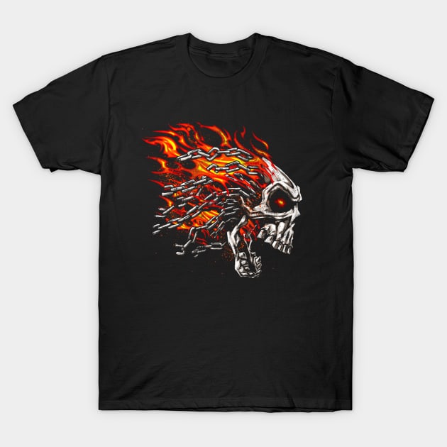 Screaming Skull and Chains in Orange Flames T-Shirt by Cattle and Crow